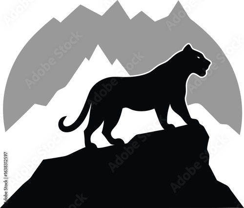 Black panther silhouette on mountain peak isolated on white background