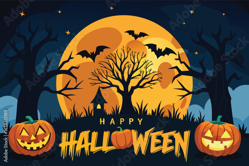 Spooky Halloween night with jack o lanterns bats and full moon pumpkin
