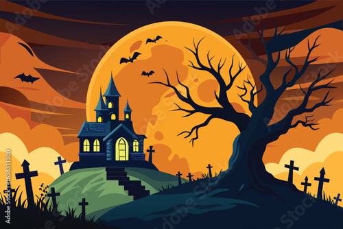 Spooky haunted mansion on a hill with bats and a full moon halloween haunted house