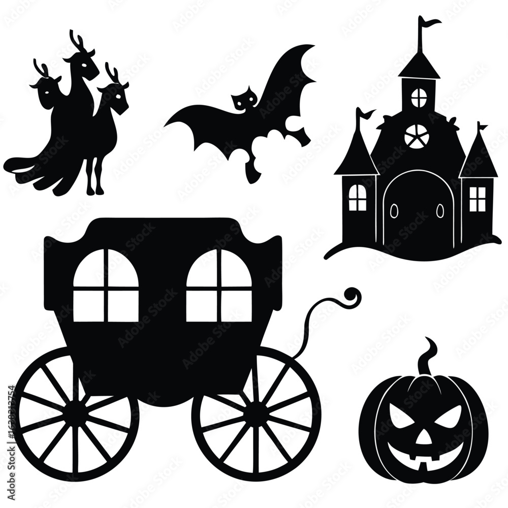 Fototapeta premium Collection of halloween silhouettes including a bat castle carriage pumpkin and a three headed creature
