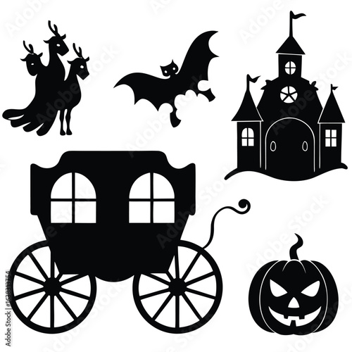 Collection of halloween silhouettes including a bat castle carriage pumpkin and a three headed creature