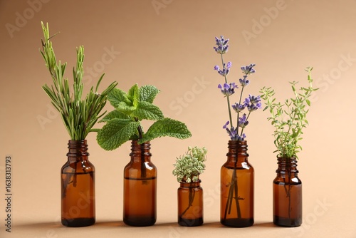 Essential oils with different plants in bottles on beige background