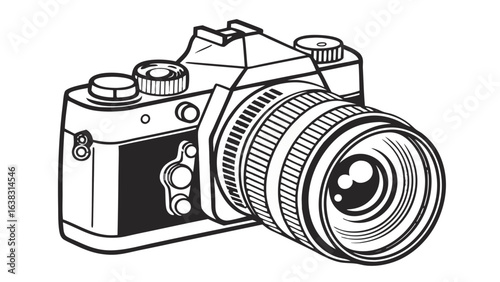 Illustration of a vintage single lens reflex camera with detailed lens and body design in black and white
