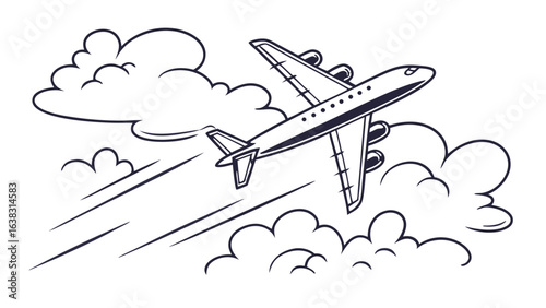 Airplane flying through clouds with motion lines in a black and white cartoon style drawing design