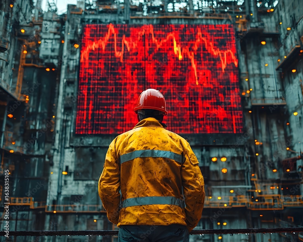 Obraz premium Businessman in hard hat observing economic downturn on digital display