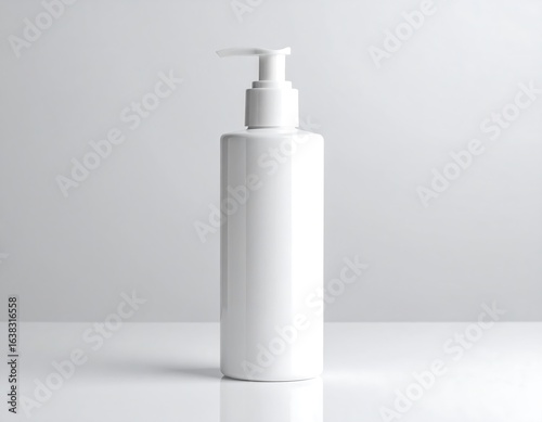 Clean and Simple White Cosmetic Pump Bottle Mockup Against Neutral Background, Ideal for Branding