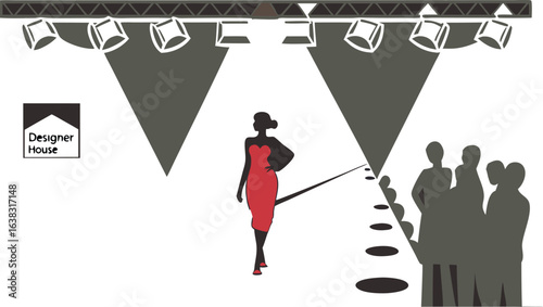 Silhouette of a woman in red dress walking on a runway in front of an audience at a fashion show