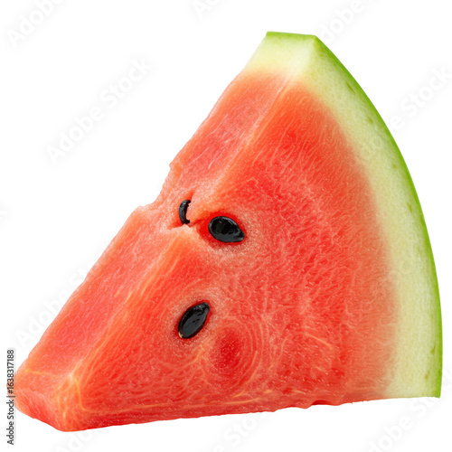 Closeup vibrant red watermelon wedge isolated on black background for food photography projects