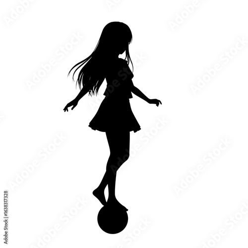 Girl balancing on ball with flowing hair in silhouette style  