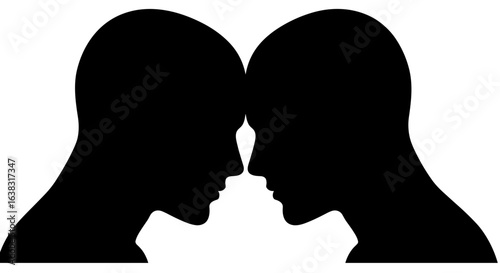 Silhouettes of two human heads facing each other on white background  