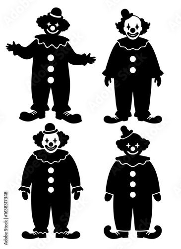 Silhouette illustrations of four cheerful clowns in playful poses  