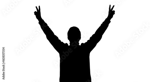 Silhouette of man raising hands in victory pose against white background  