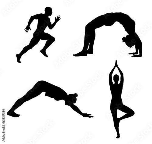 Four fitness silhouettes depicting running, yoga, and stretching  