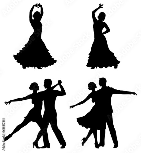 Dancing silhouettes of couples and individuals in various poses  