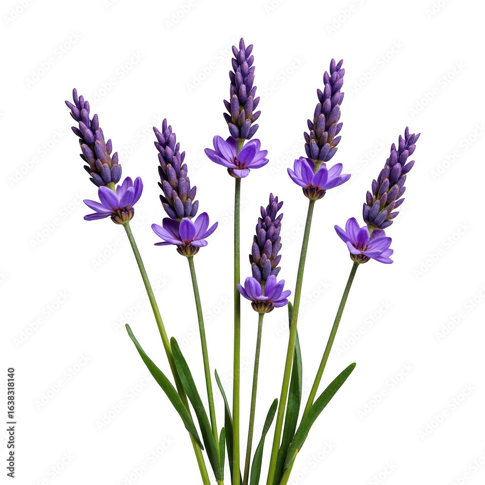 Naklejka premium Beautiful arrangement of violet flowers with green stems on a deep transparent background