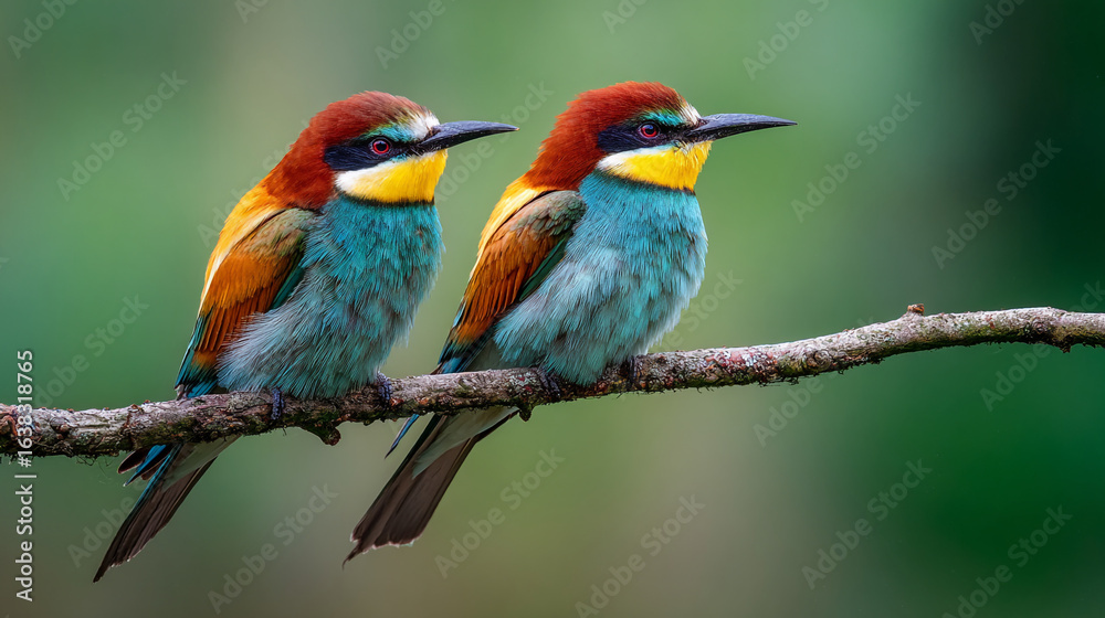 Fototapeta premium Two european bee eaters perched on a branch with a blurred green background outdoors