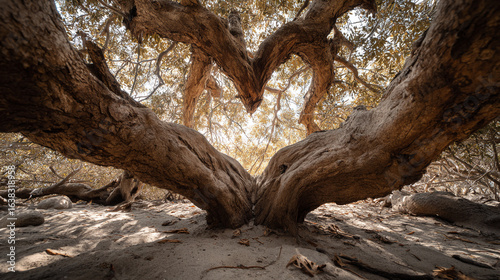 A tree with branches forming a heart shape against a bright sky background view