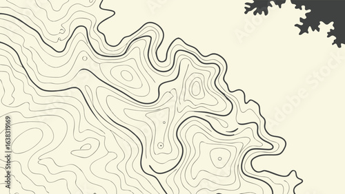 Detailed topographic contour map illustration with a vintage aesthetic, showcasing elevation lines and geographical terrain features