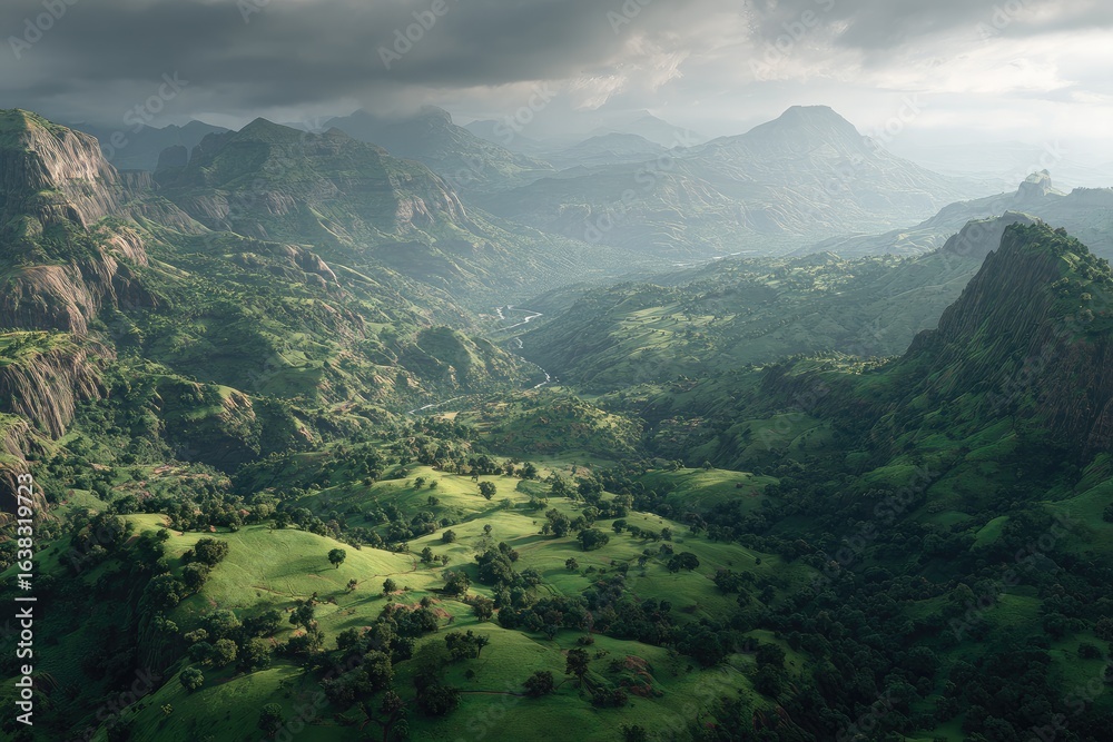 Fototapeta premium Lush valley between dramatic mountains