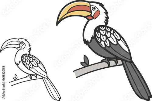 Perched Hornbill Cartoon Bright and Bold Vector Artwork