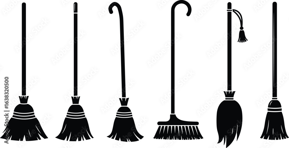 Naklejka premium Broom collection illustration, cleaning tools, household equipment, sweeping accessories, traditional broom designs, vector set, sanitation items, domestic chores, tidy home