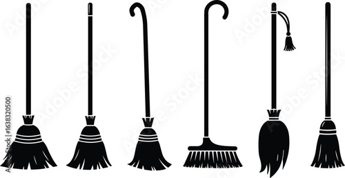 Broom collection illustration, cleaning tools, household equipment, sweeping accessories, traditional broom designs, vector set, sanitation items, domestic chores, tidy home