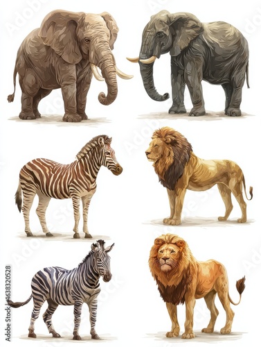 set of african wild animals in cartoon style including elephants zebras and lions isolated on white