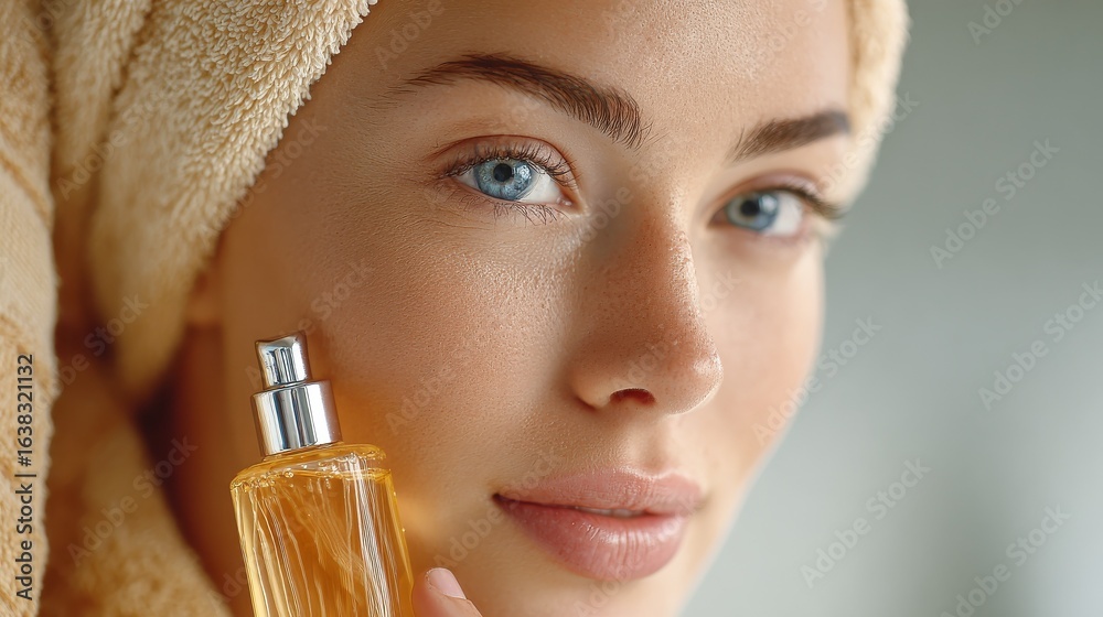 Fototapeta premium close up of a beautiful young woman wrapped in towel applying cosmetic oil from a bottle on her face no logos no brands ar 169