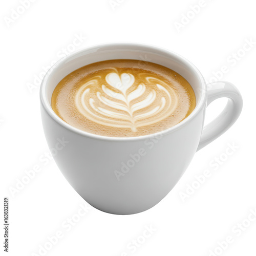 Studio shot of a white cup of latte with beautiful leaf latte art design against black background