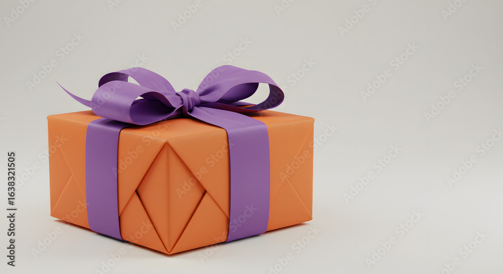 Obraz premium Delicate presentation of an orange gift wrapped with a soft purple ribbon and meticulously folded paper edges, creating an aesthetic ideal for holidays or personal celebrations