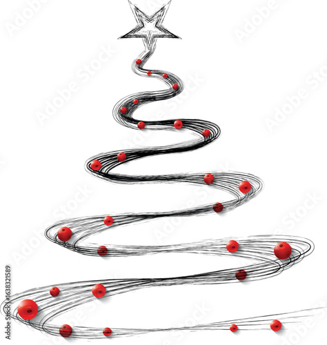 Christmas Tree Vector on white. Red Christmas Tree Painted illustration. Sketch, drawn or painted artistic illustration of a x mas tree. Ribbon Christmas Stylish Tree. Vector can be to any size.