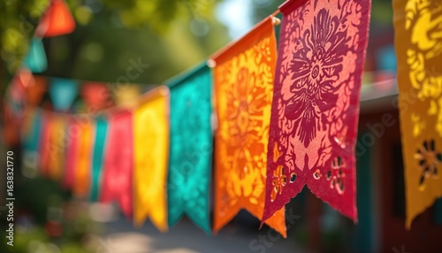 Colorful festive celebration with Latin American flags and intricate decorations strung together. Bright, vibrant, vivid colors in background suggest cultural traditions, diversity, and community joy.