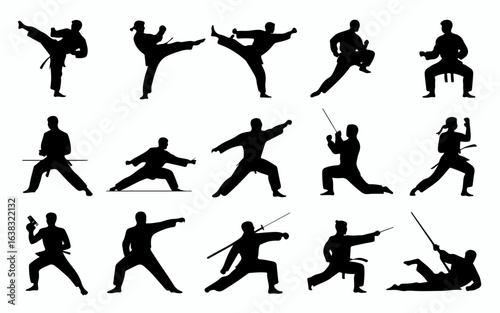 Dynamic collection of martial arts poses featuring karate and sword fighting techniques silhouette