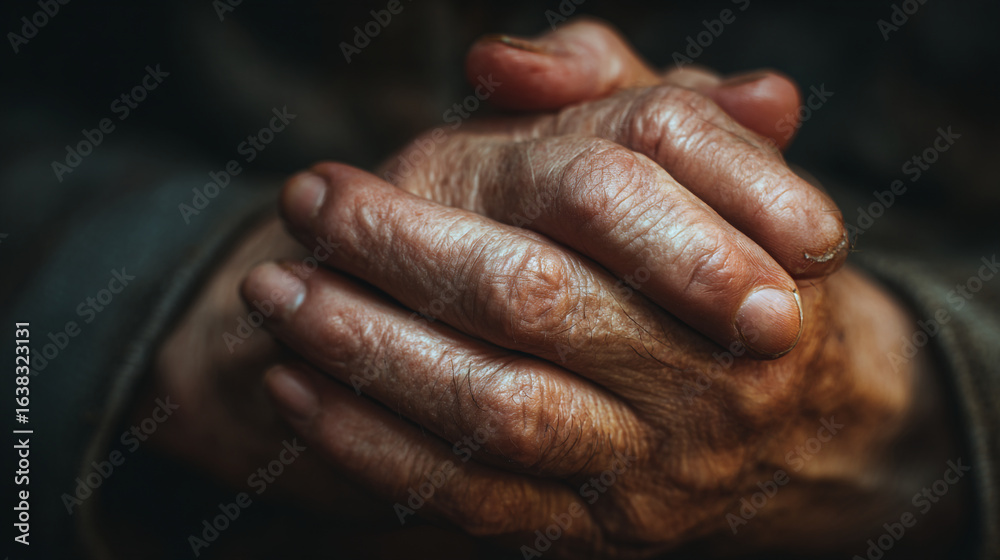 Fototapeta premium Close up of wrinkled and weathered hands clasped together in a dark setting