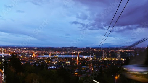 Panoramic view of portland oregon cityscape from a hill at dusk with cable tram