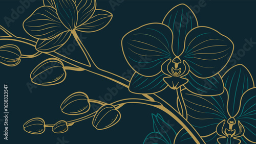 Stylish dark teal orchid branch with golden outline, a luxurious botanical design for wallpaper, textile, or decorative art