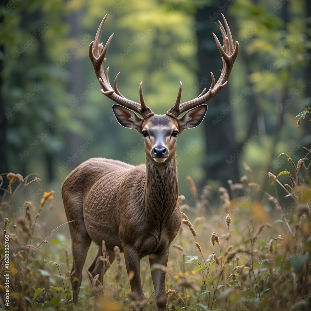 Fototapeta premium A majestic wild deer gracefully roams through a lush forest, embodying the untamed beauty.