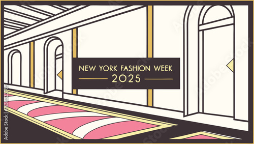 Illustration of new york fashion week in art deco style with geometric shapes and pink accents design