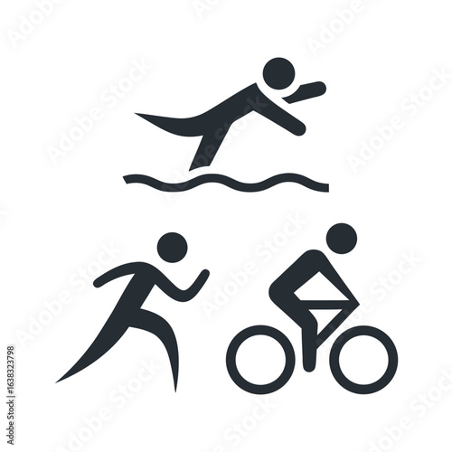Triathlon Icons Pictogram Set Swimming Running and Cycling Triathlon Sport Competition Silhouettes Triathlon Race Vector Illustration Graphics Symbols