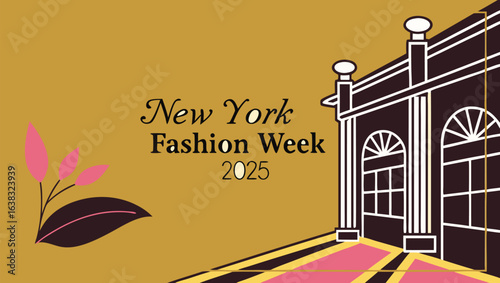 Illustration of new york fashion week in with architectural building and floral design on a beige background