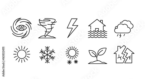 Minimal natural disaster icon set featuring tornado and earthquake symbols