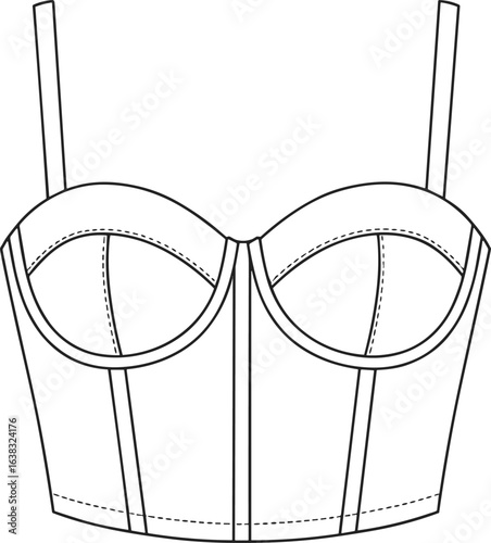 Detailed CAD Drawing of Women's Bustier Top, Fashion Design, Sewing Pattern, Technical Illustration, Garment Construction, Apparel Vector, Flat Vector Illustration