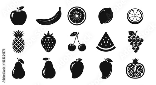 Silhouette fruit icons set: apple, banana, citrus, and more in bold black designs