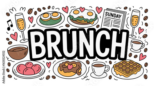 Charming doodle style brunch icons featuring breakfast foods and drinks