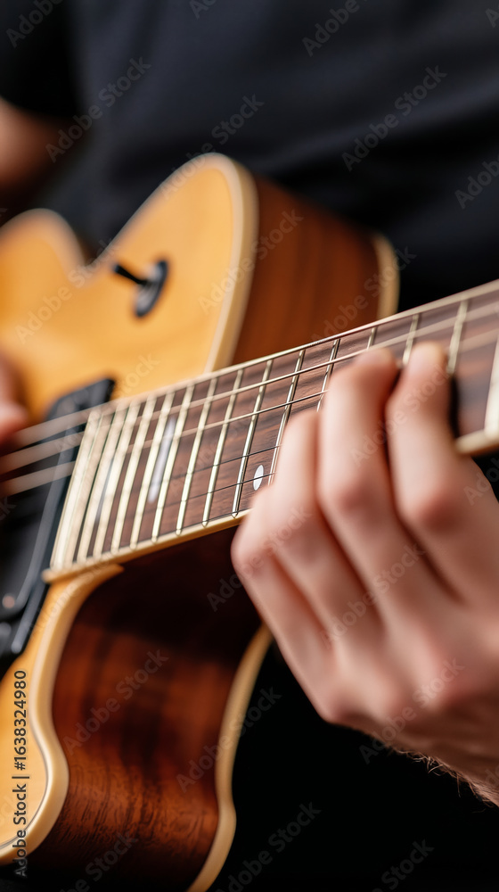 Fototapeta premium Guitarist skillfully plays rhythmic melody on acoustic guitar, showcasing intricate finger movements and beautiful instrument