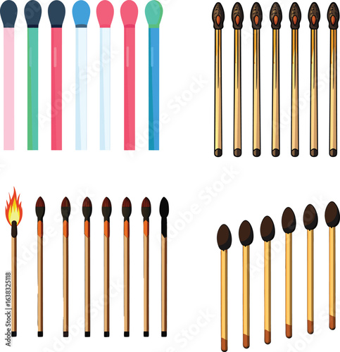 Detailed Burnt Matchstick Set – Vector Design Showing Blackened Tips and Wooden Stems. 