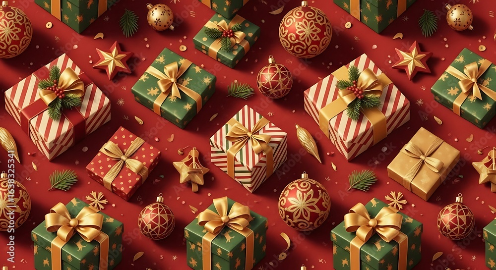 Fototapeta premium A Festive Tapestry of Red and Green Christmas Gifts with Golden Bows and Ornaments.