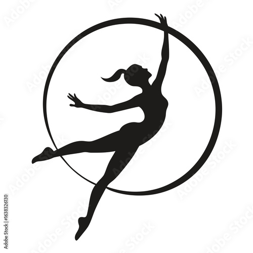 Silhouette of rhythmic gymnast performing hoop routine, black logo vector
