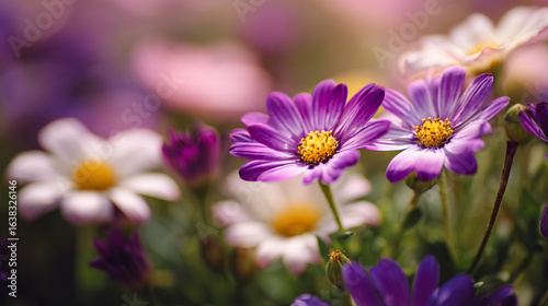 Close up shot of purple and white daisies with yellow centers in soft focus setting