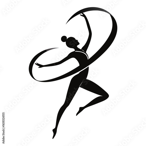Artistic gymnast black silhouette doing a ribbon twirl, simple logo style
